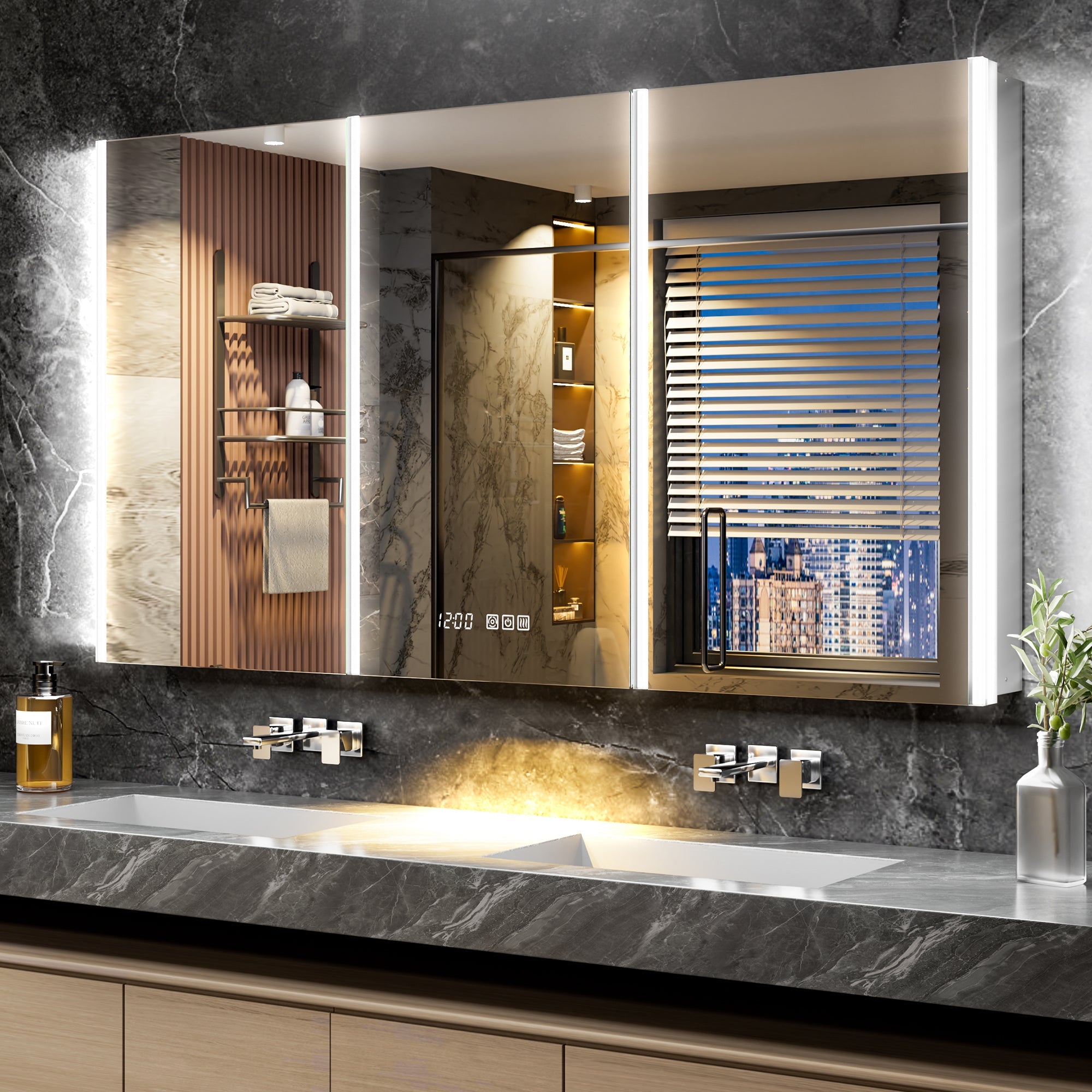 Queenfun Triple Door Lighted Medicine Cabinet with Magnifying Mirror & Night Light QueenFun