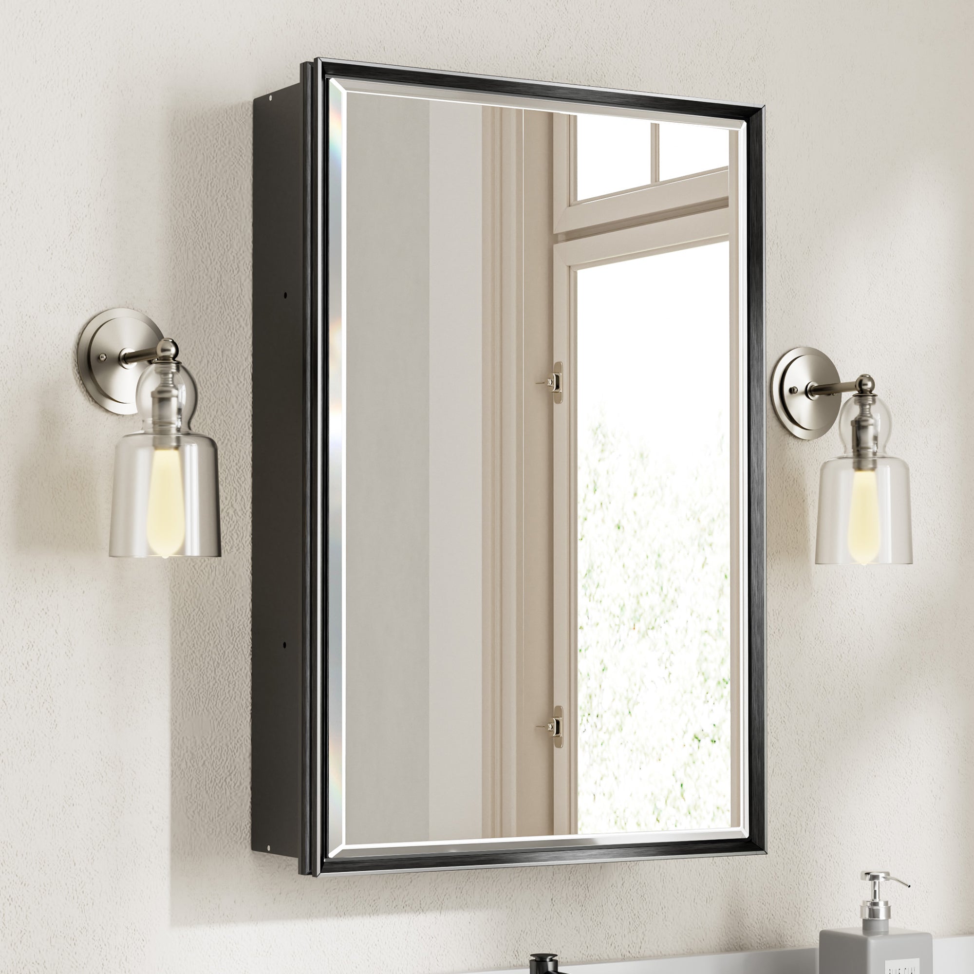 16x24'' Matte Black Framed Beveled Mirror Medicine Cabinet with Adjustable Glass Shelving