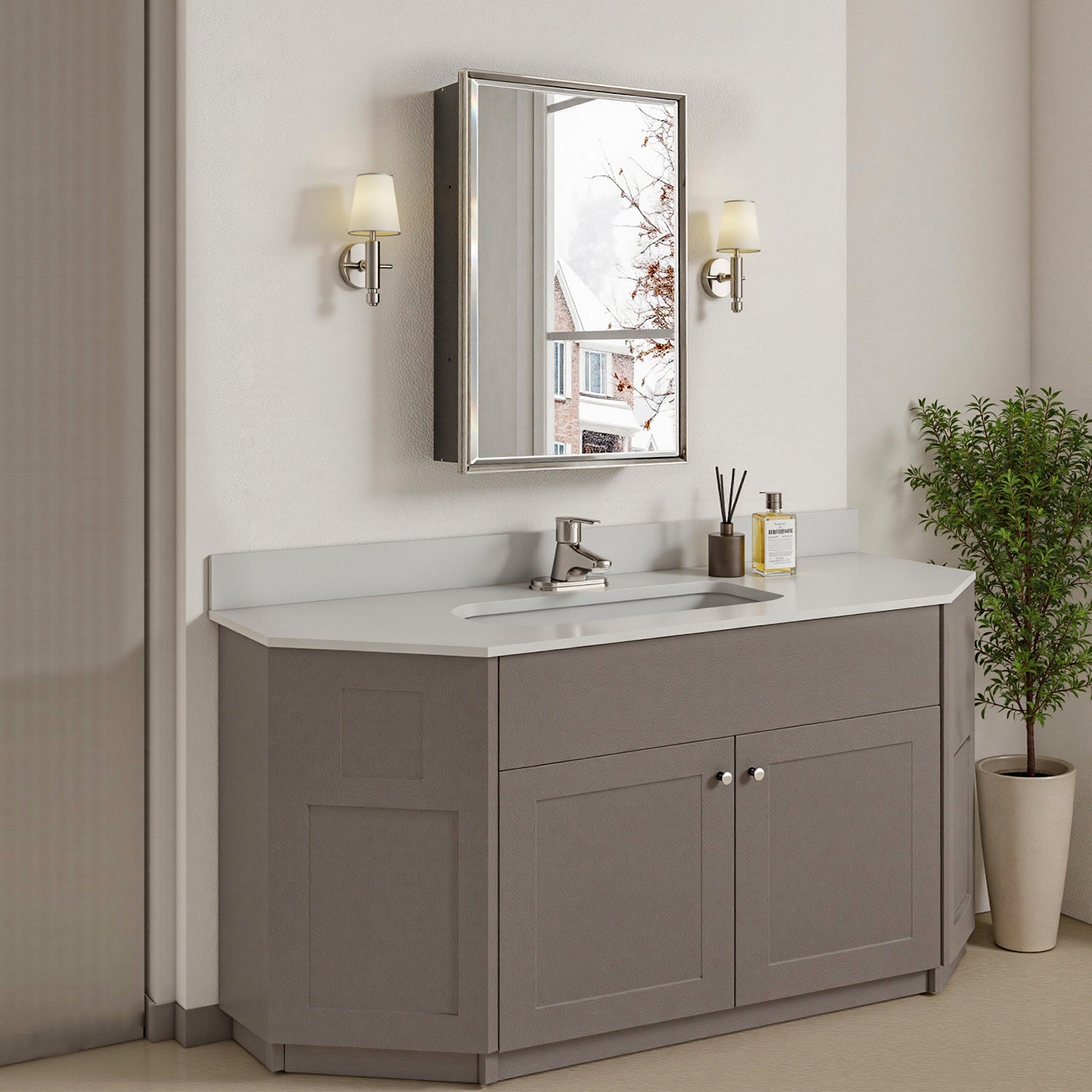 16x24'' Brushed Nickel Framed Beveled Mirror Medicine Cabinet with Adjustable Glass Shelving