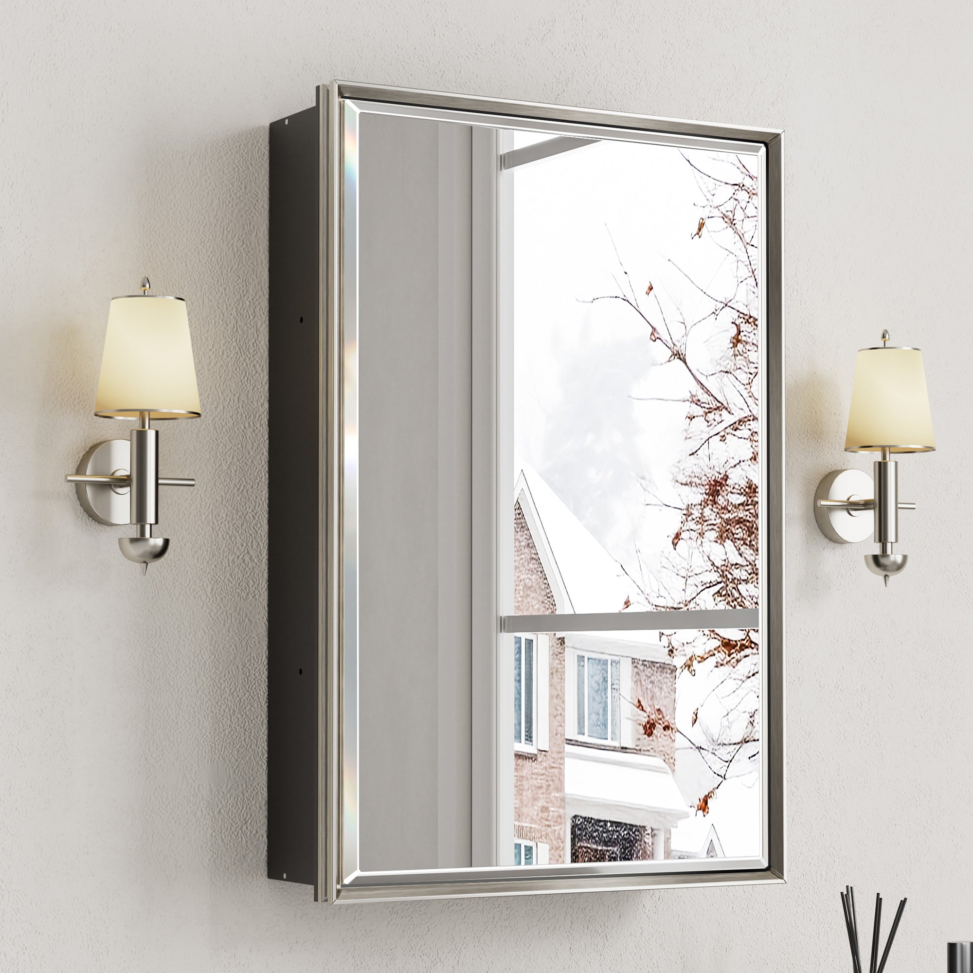 16x24'' Brushed Nickel Framed Beveled Mirror Medicine Cabinet with Adjustable Glass Shelving