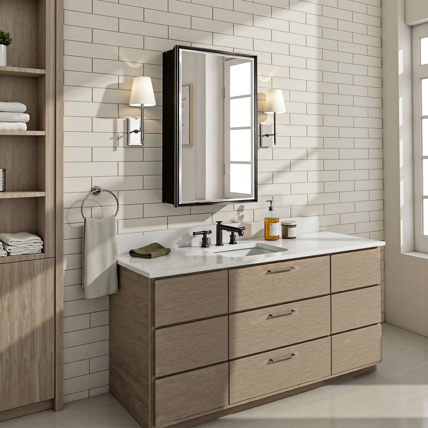16x26'' Matte Black Framed Beveled Mirror Medicine Cabinet with Adjustable Glass Shelving