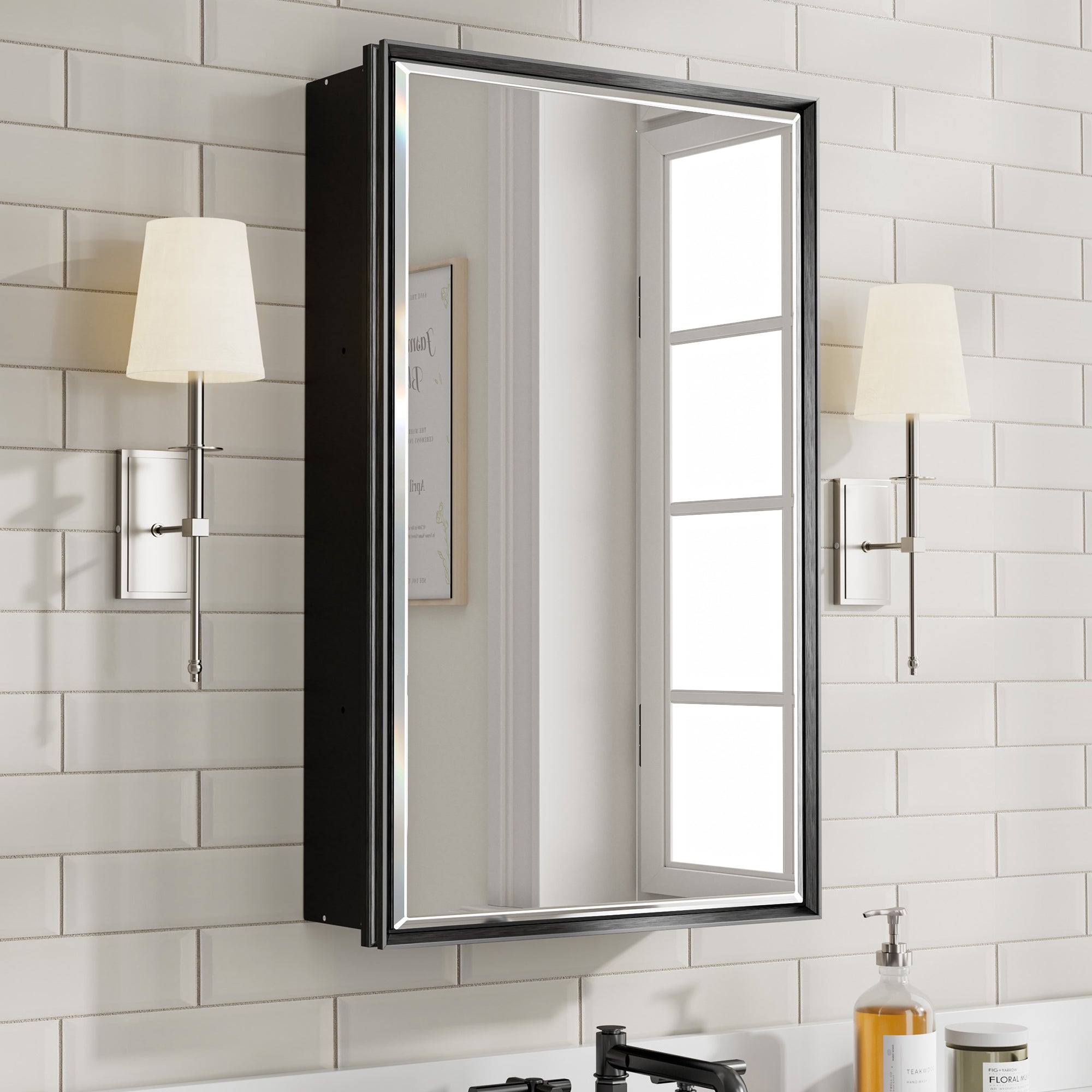 16x26'' Matte Black Framed Beveled Mirror Medicine Cabinet with Adjustable Glass Shelving
