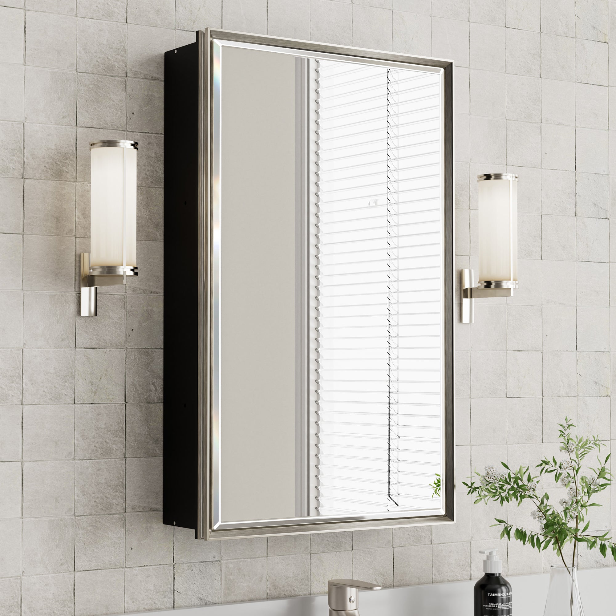 16x26'' Brushed Nickel Framed Beveled Mirror Medicine Cabinet with Adjustable Glass Shelving