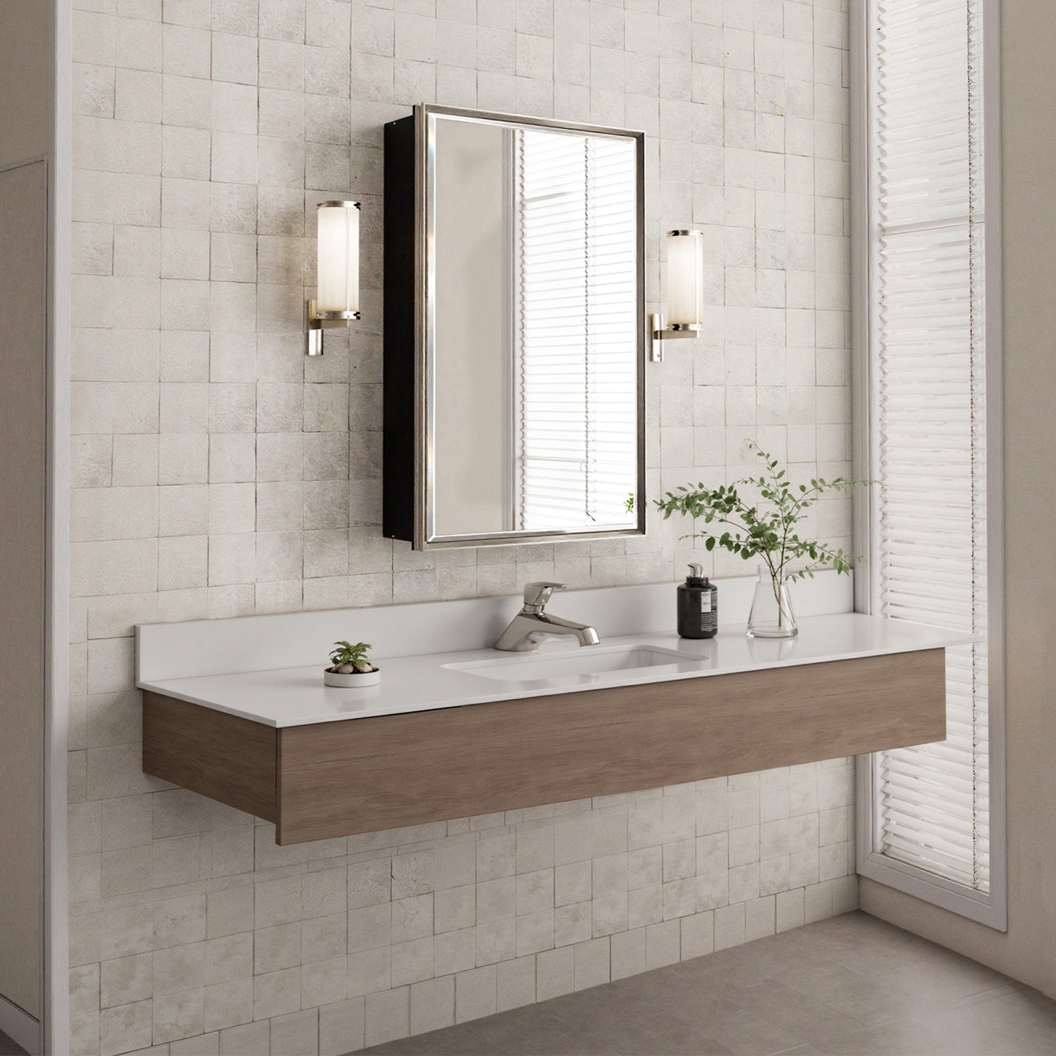 16x26'' Brushed Nickel Framed Beveled Mirror Medicine Cabinet with Adjustable Glass Shelving