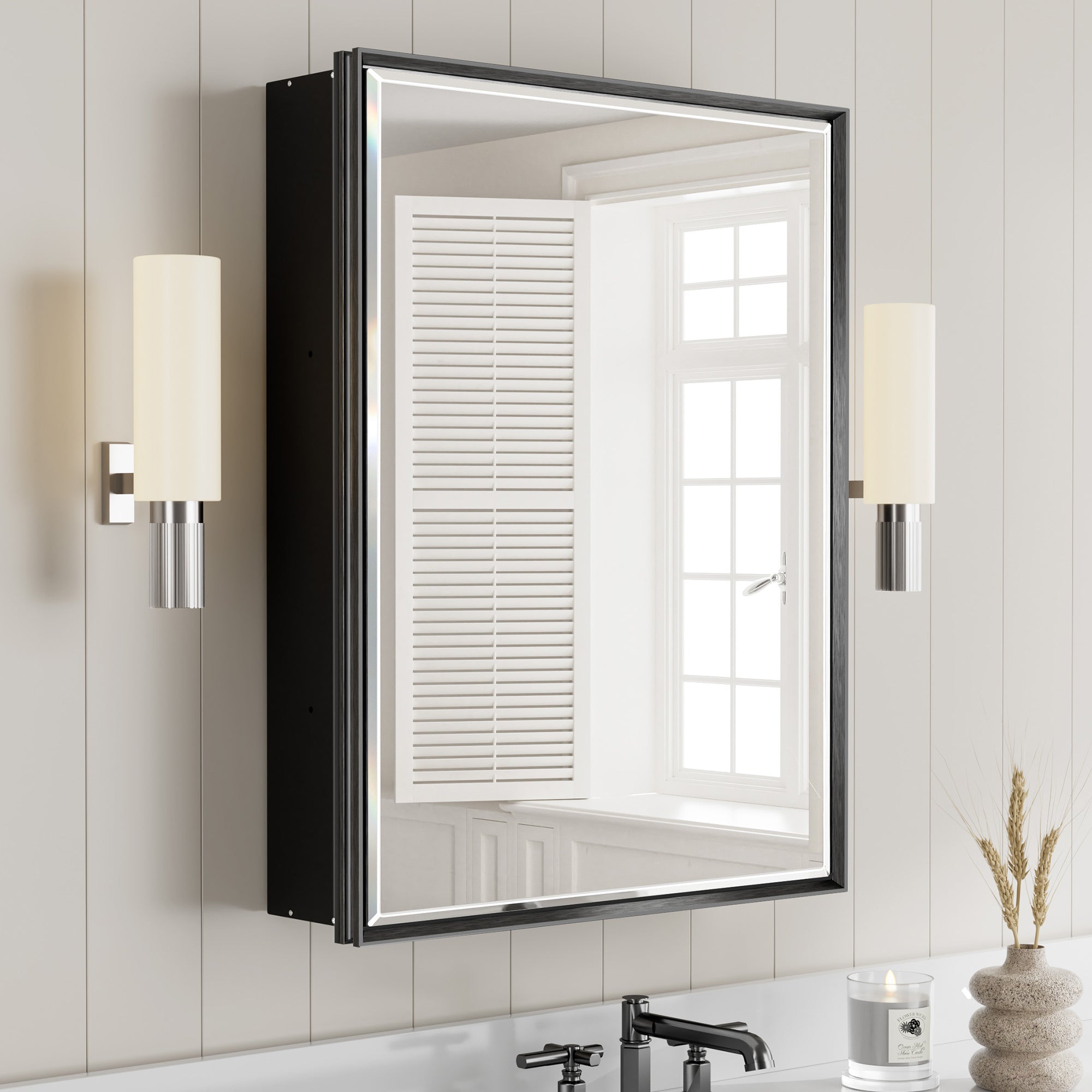20x26'' Matte Black Framed Beveled Mirror Medicine Cabinet with Adjustable Glass Shelving