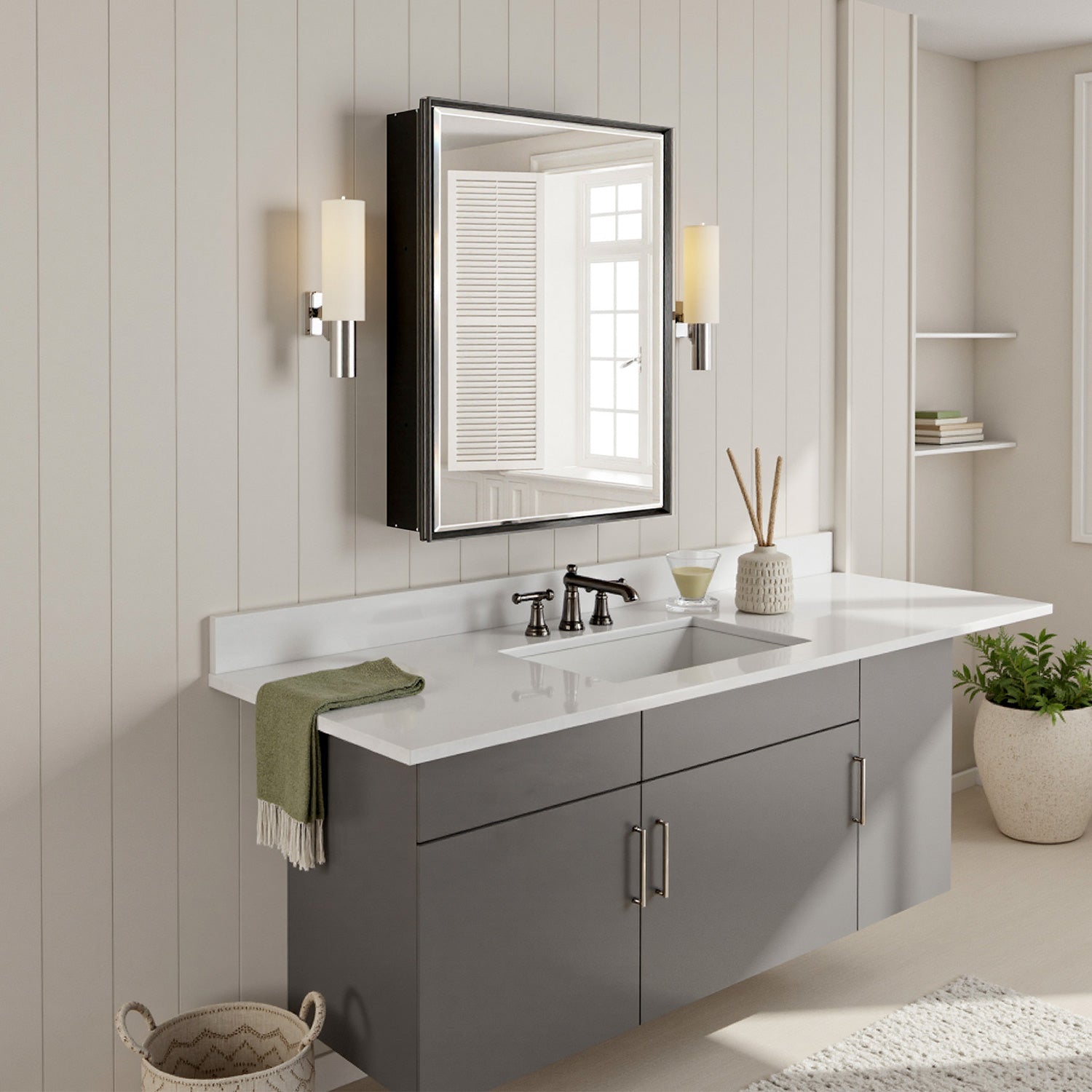 20x26'' Matte Black Framed Beveled Mirror Medicine Cabinet with Adjustable Glass Shelving