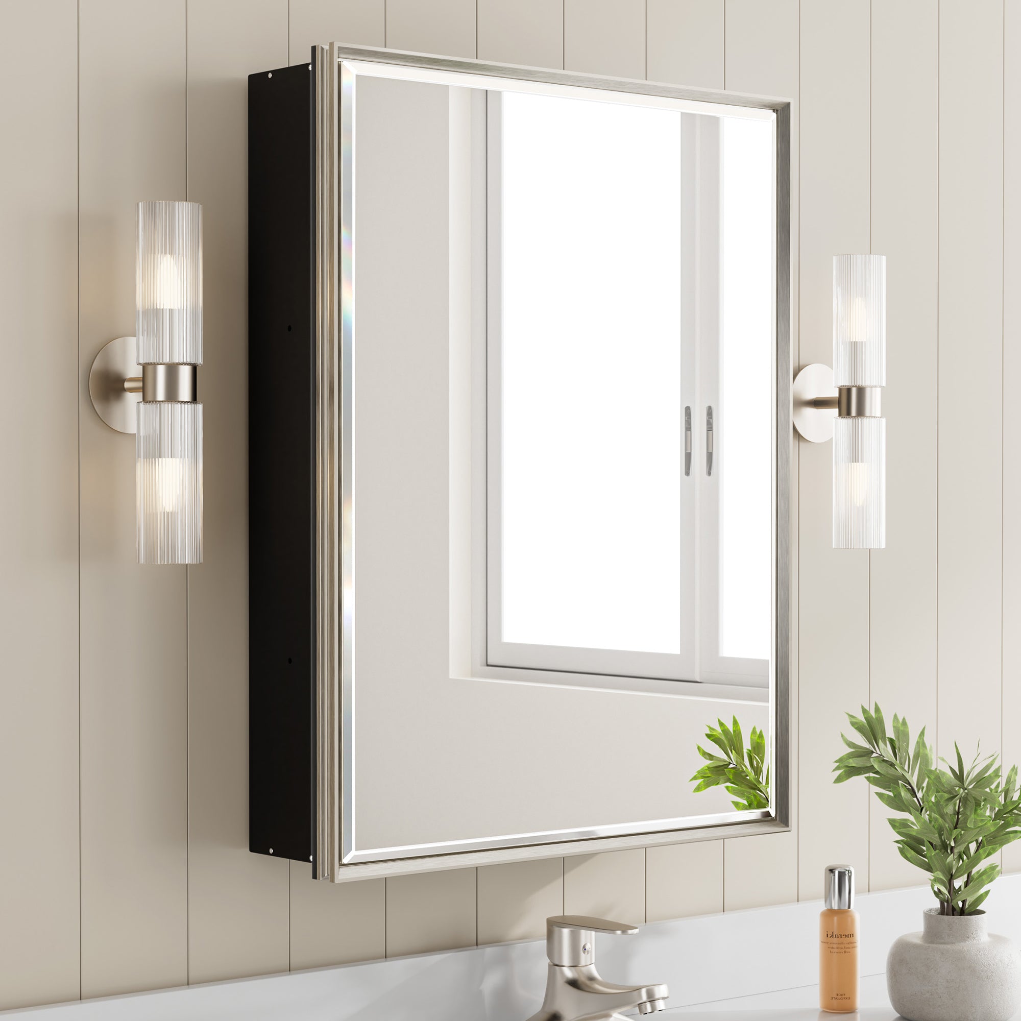 20x26'' Brushed Nickel Framed Beveled Mirror Medicine Cabinet with Adjustable Glass Shelving