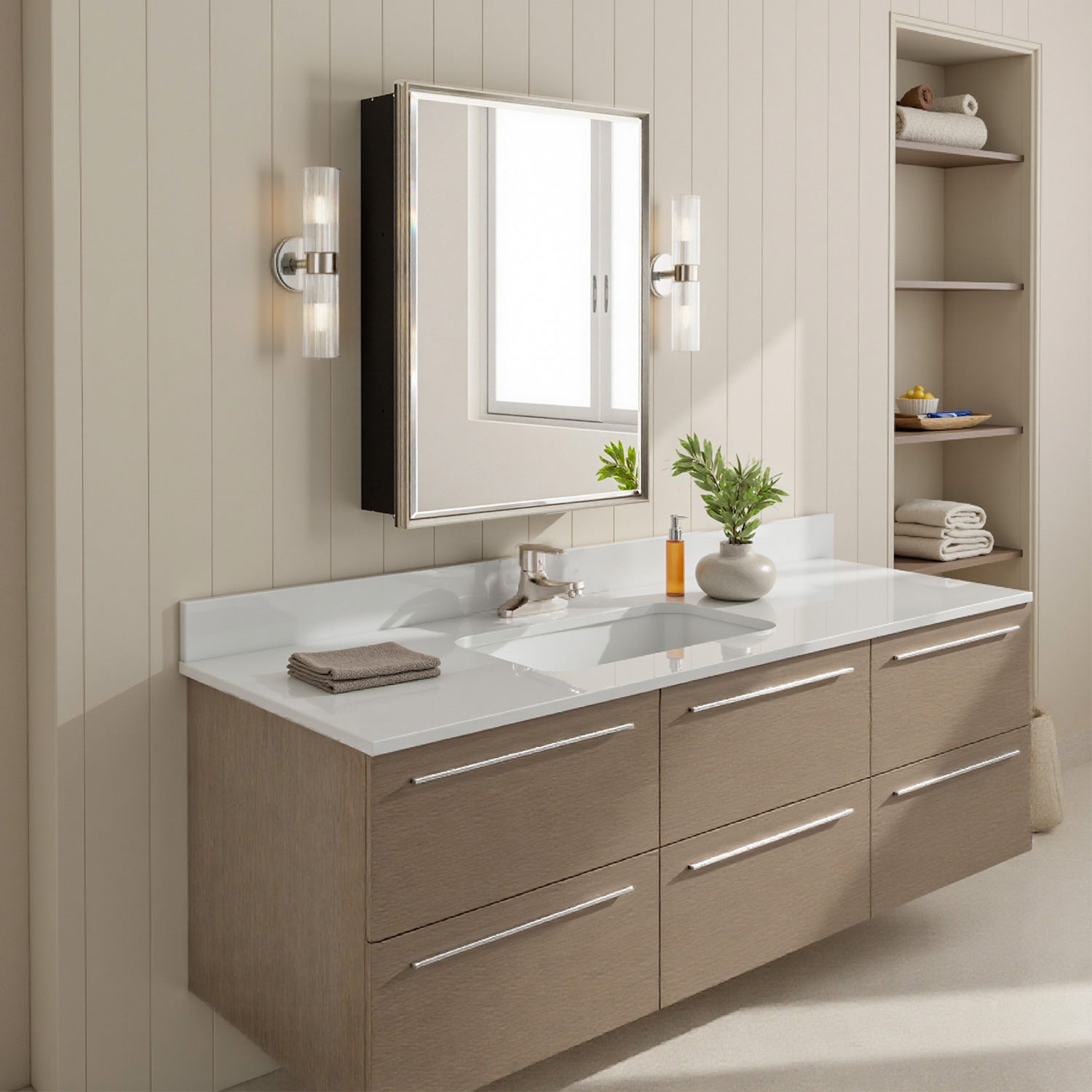 20x26'' Brushed Nickel Framed Beveled Mirror Medicine Cabinet with Adjustable Glass Shelving
