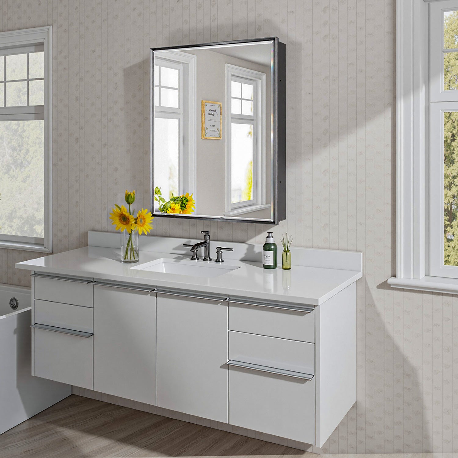 24x30'' Matte Black Framed Beveled Mirror Medicine Cabinet with Adjustable Glass Shelving