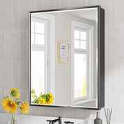 24x30'' Matte Black Framed Beveled Mirror Medicine Cabinet with Adjustable Glass Shelving