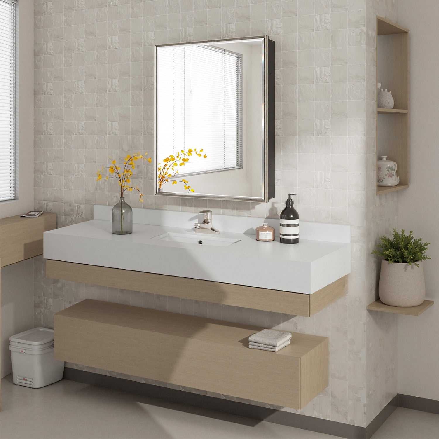 24x30'' Brushed Nickel Framed Beveled Mirror Medicine Cabinet with Adjustable Glass Shelving