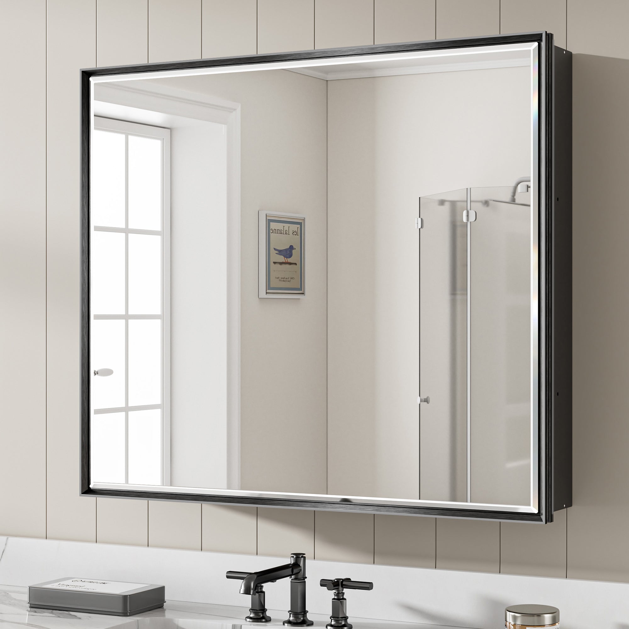 30x26'' Matte Black Framed Beveled Mirror Medicine Cabinet with Adjustable Glass Shelving
