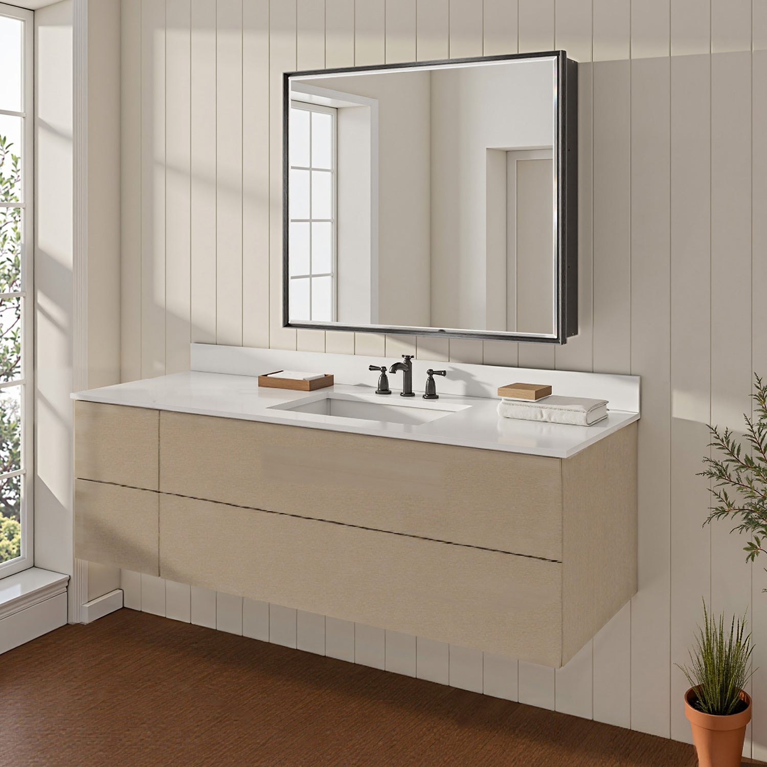 30x26'' Matte Black Framed Beveled Mirror Medicine Cabinet with Adjustable Glass Shelving