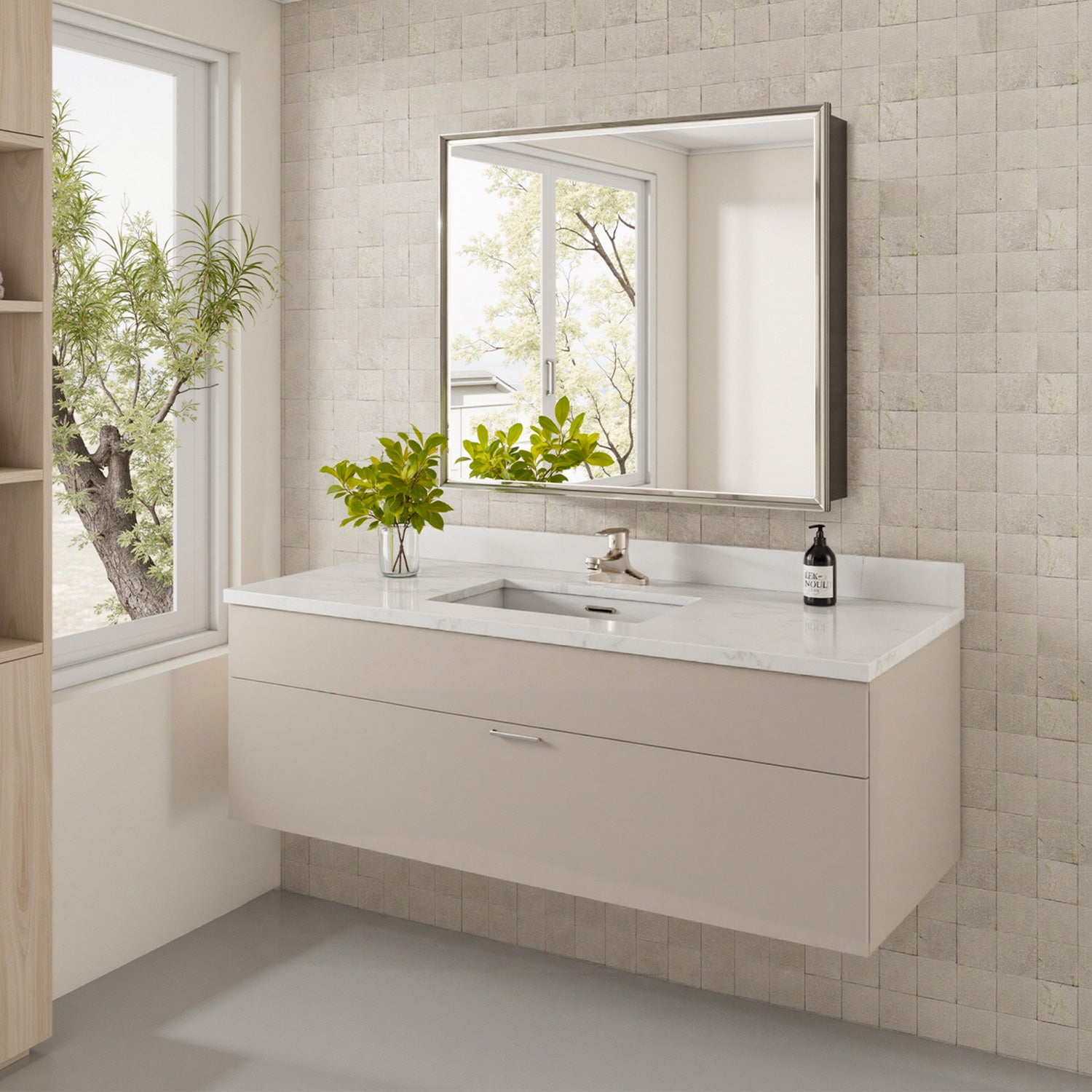 30x26'' Brushed Nickel Framed Beveled Mirror Medicine Cabinet with Adjustable Glass Shelving