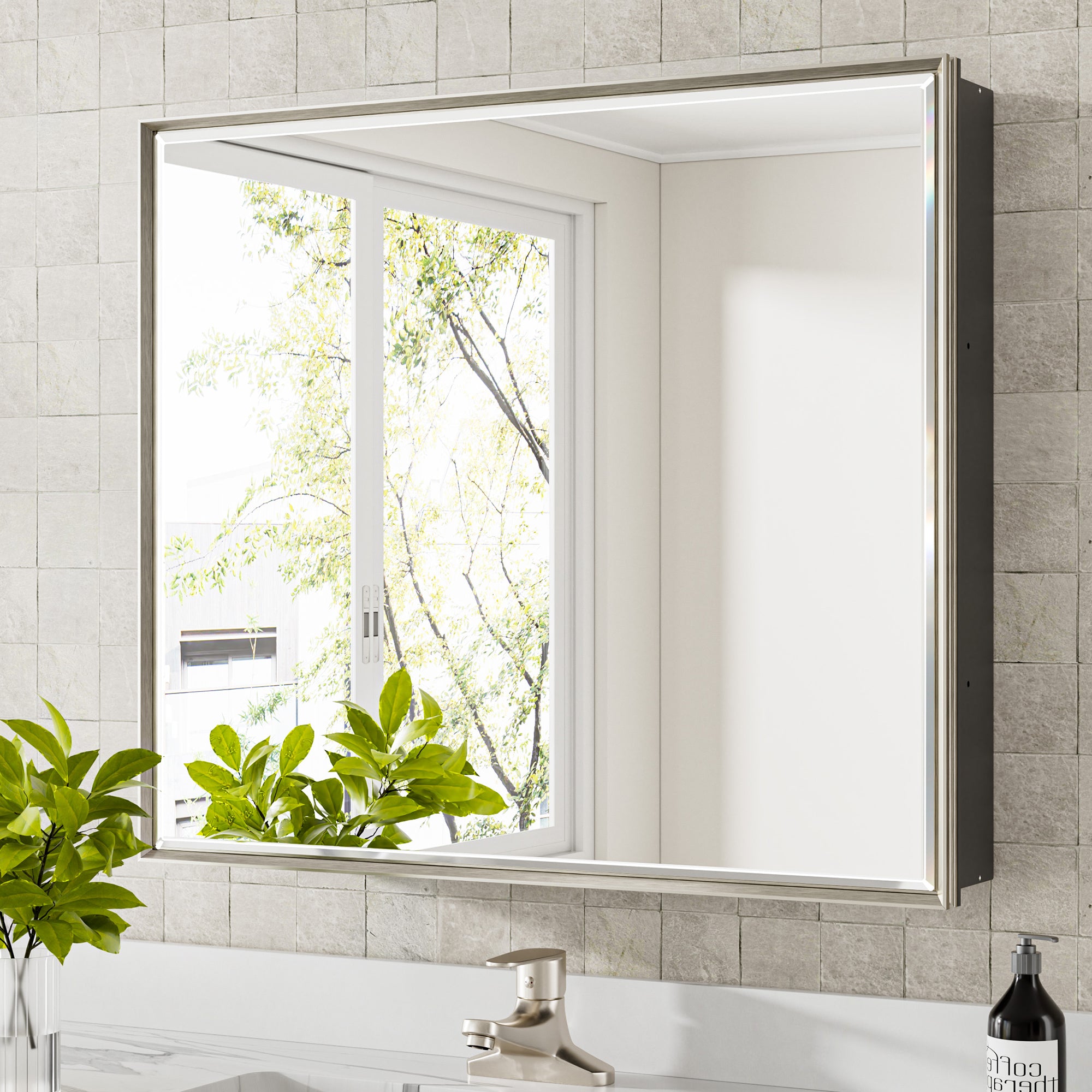 30x26'' Brushed Nickel Framed Beveled Mirror Medicine Cabinet with Adjustable Glass Shelving