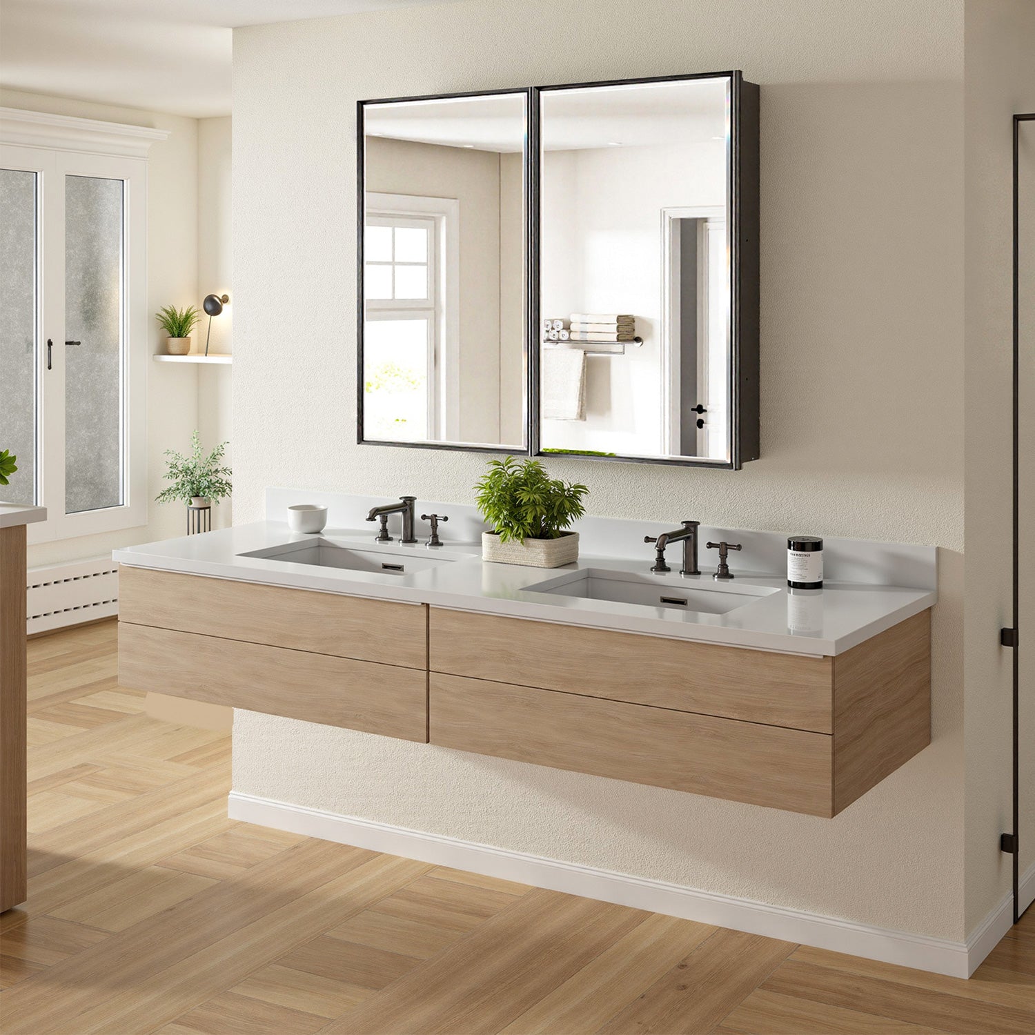 40x30'' Matte Black Framed Beveled Mirror Medicine Cabinet with Adjustable Glass Shelving