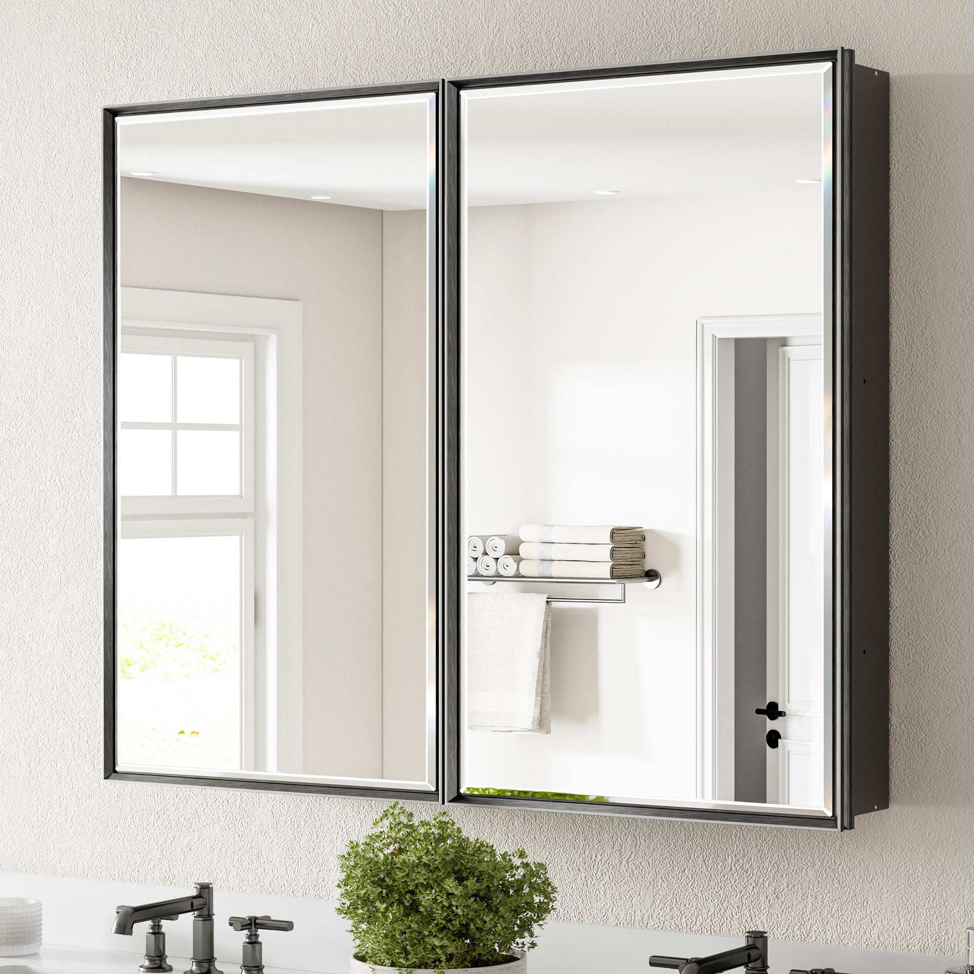 40x30'' Matte Black Framed Beveled Mirror Medicine Cabinet with Adjustable Glass Shelving