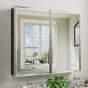 40x30'' Brushed Nickel Framed Beveled Mirror Medicine Cabinet with Adjustable Glass Shelving