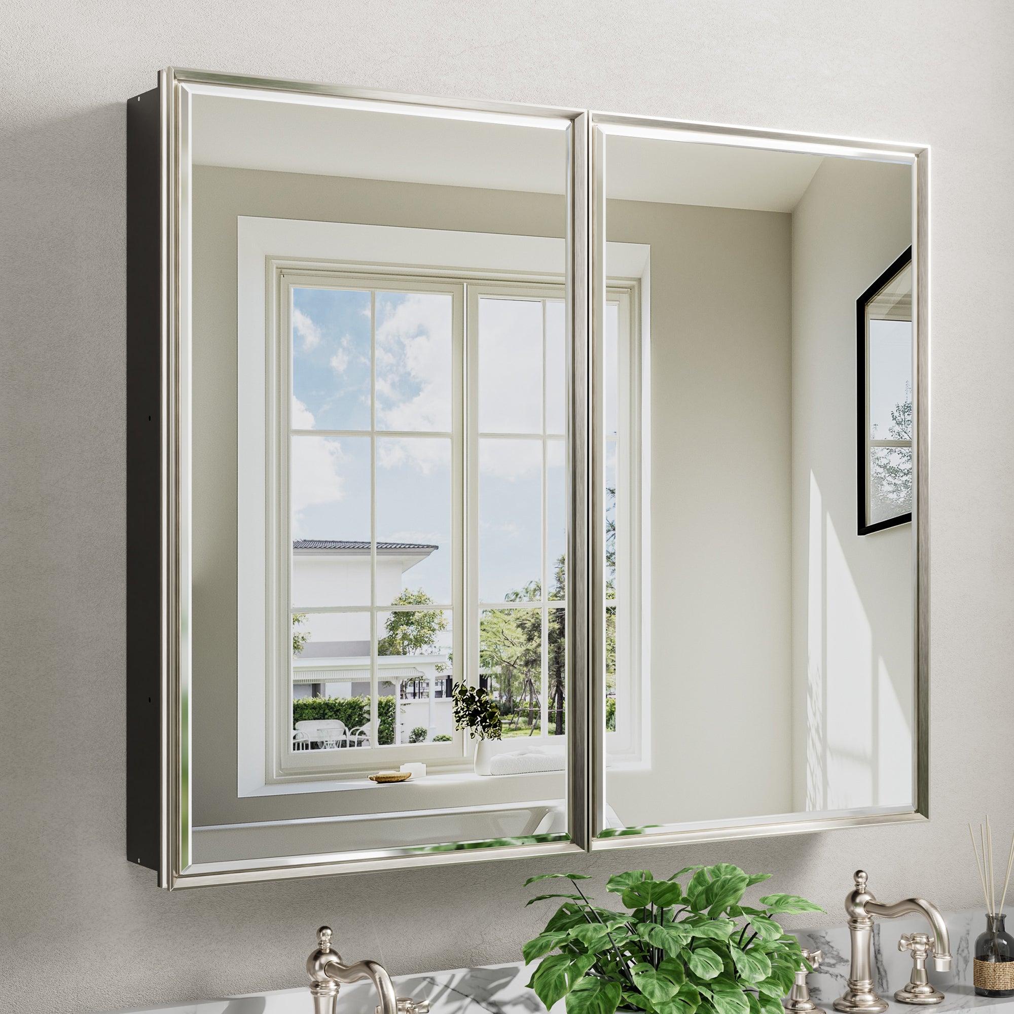 40x30'' Brushed Nickel Framed Beveled Mirror Medicine Cabinet with Adjustable Glass Shelving