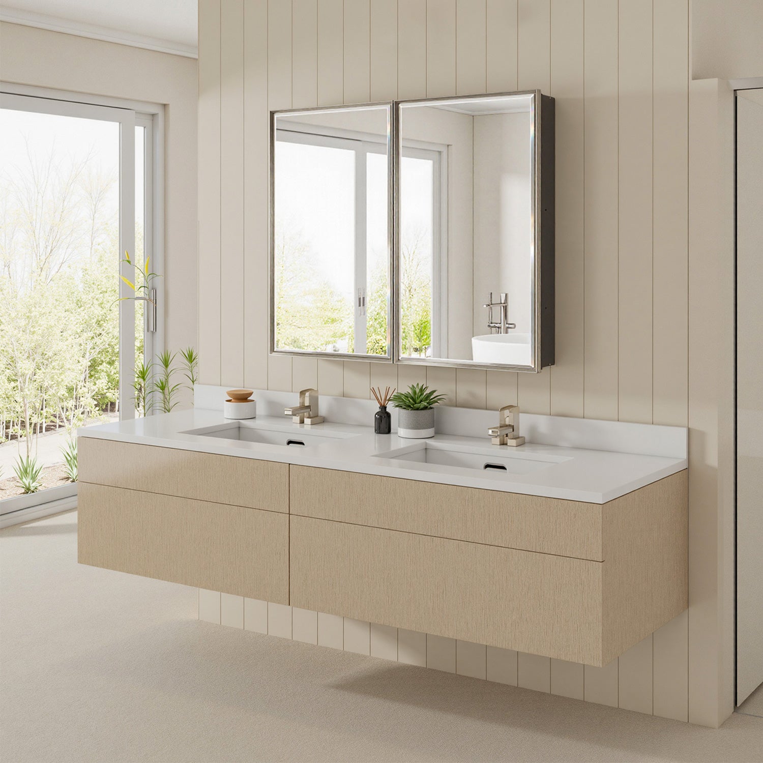 40x30'' Brushed Nickel Framed Beveled Mirror Medicine Cabinet with Adjustable Glass Shelving