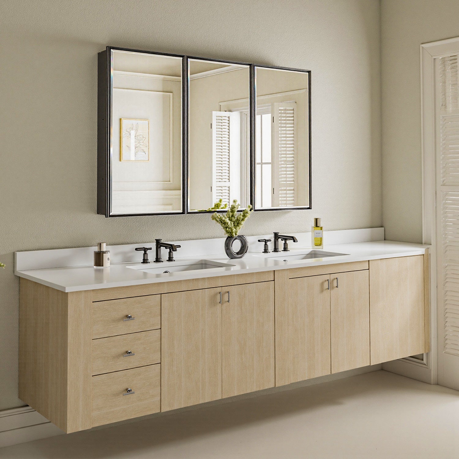 48x30'' Matte Black Framed Beveled Mirror Medicine Cabinet with Adjustable Glass Shelving