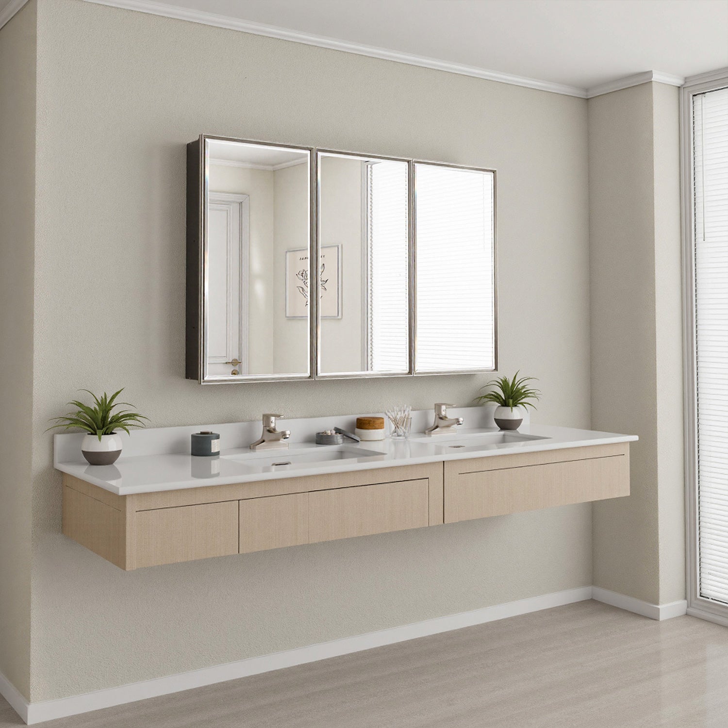48x30'' Brushed Nickel Framed Beveled Mirror Medicine Cabinet with Adjustable Glass Shelving
