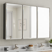 48x30'' Brushed Nickel Framed Beveled Mirror Medicine Cabinet with Adjustable Glass Shelving