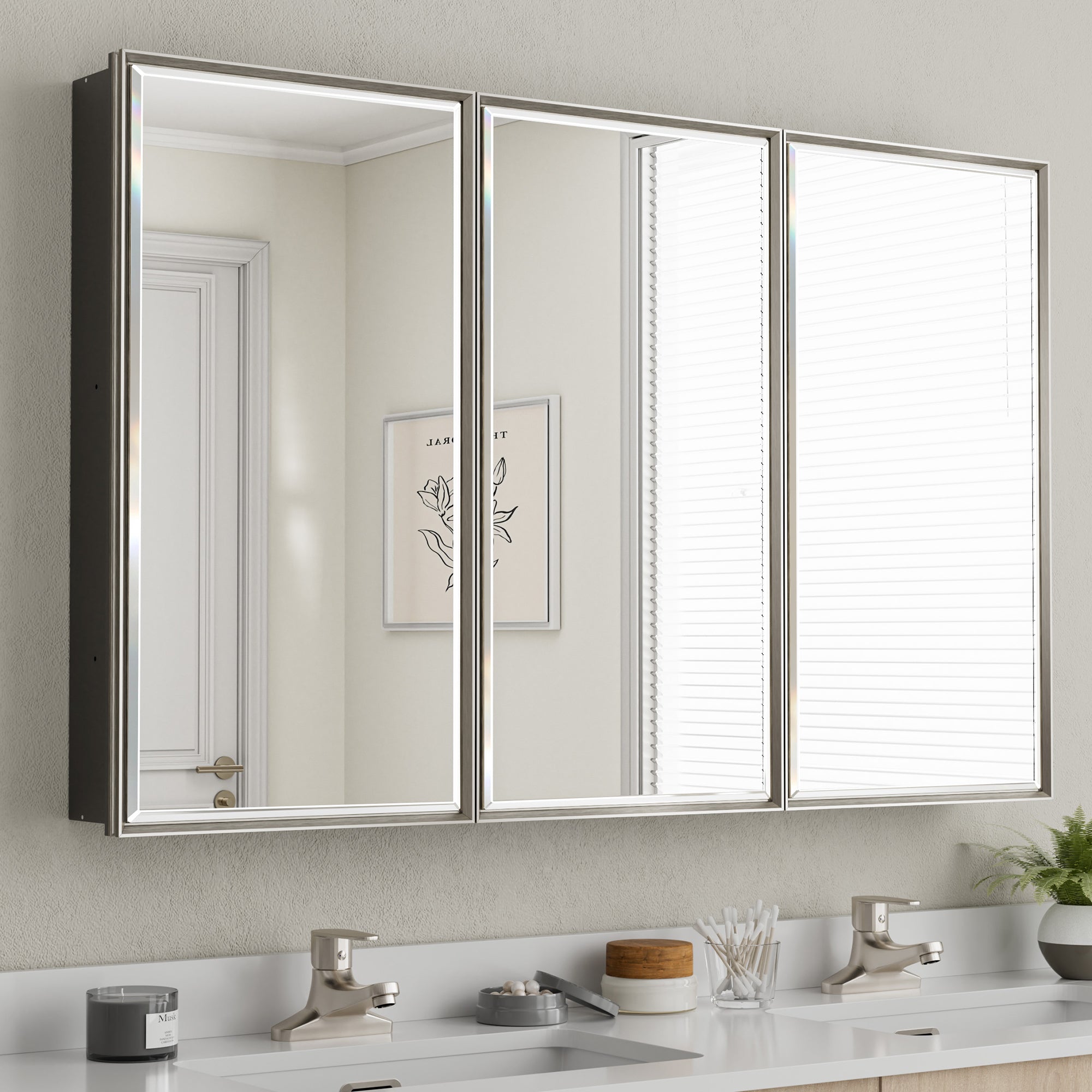 48x30'' Brushed Nickel Framed Beveled Mirror Medicine Cabinet with Adjustable Glass Shelving