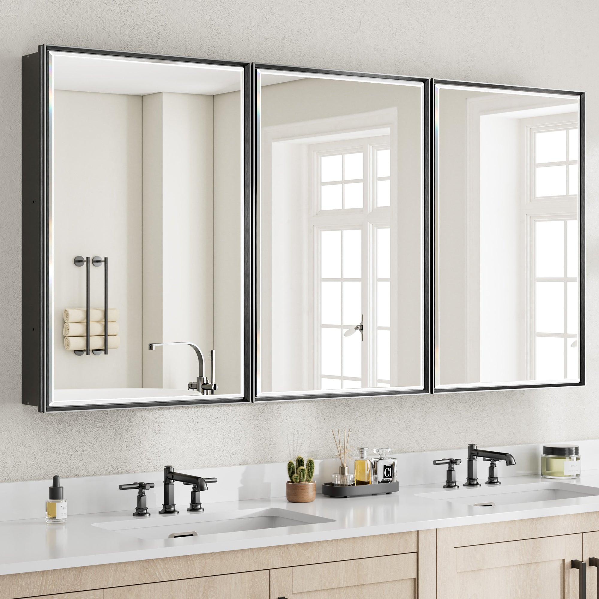 60x30'' Matte Black Framed Beveled Mirror Medicine Cabinet with Adjustable Glass Shelving