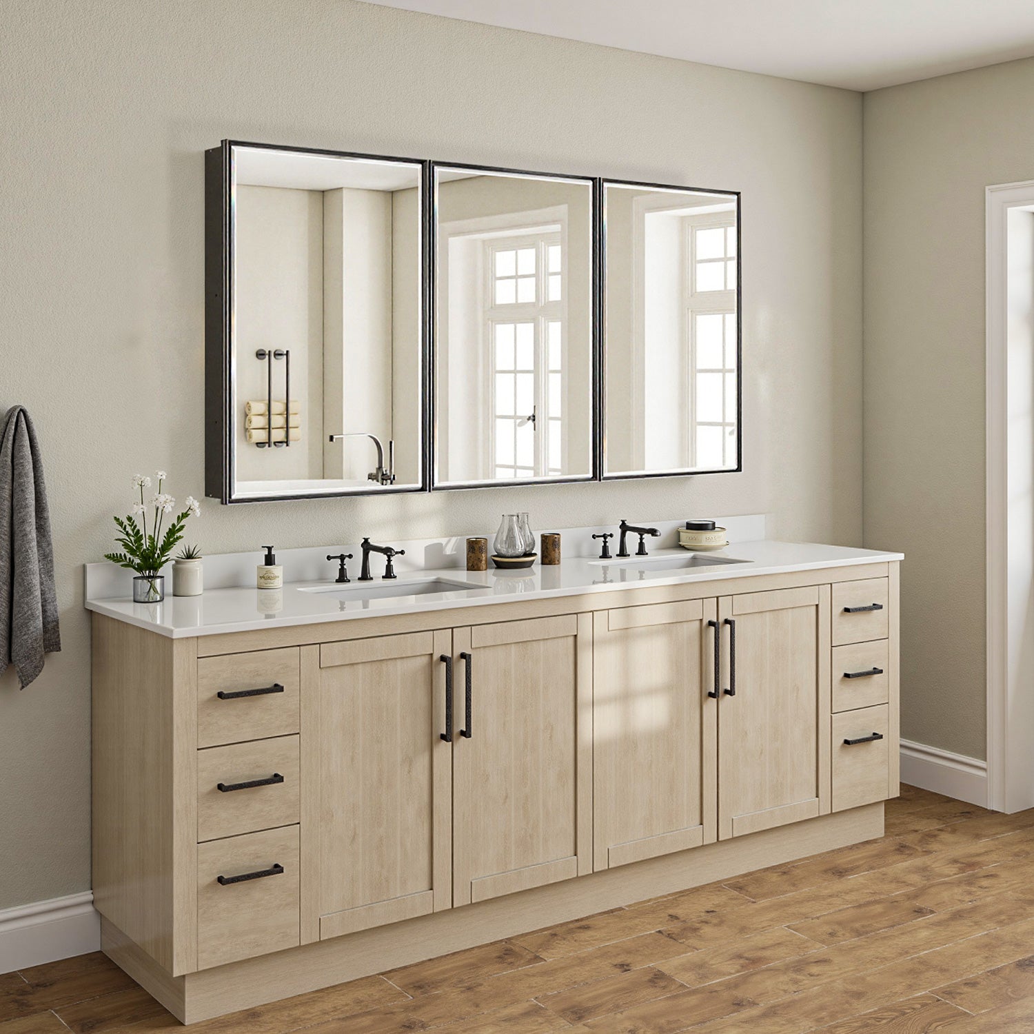 60x30'' Matte Black Framed Beveled Mirror Medicine Cabinet with Adjustable Glass Shelving