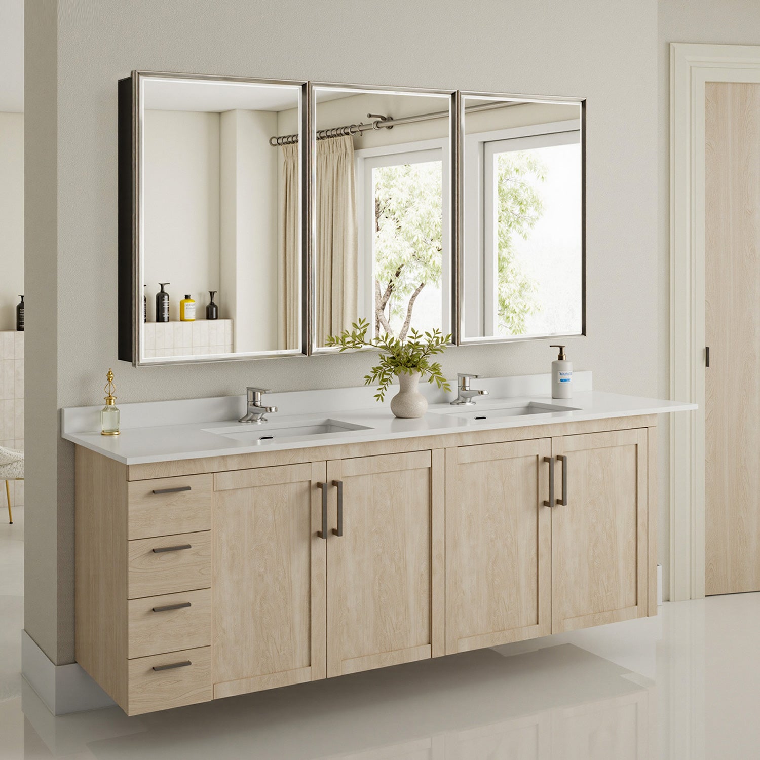 60x30'' Brushed Nickel Framed Beveled Mirror Medicine Cabinet with Adjustable Glass Shelving