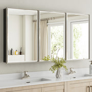 60x30'' Brushed Nickel Framed Beveled Mirror Medicine Cabinet with Adjustable Glass Shelving
