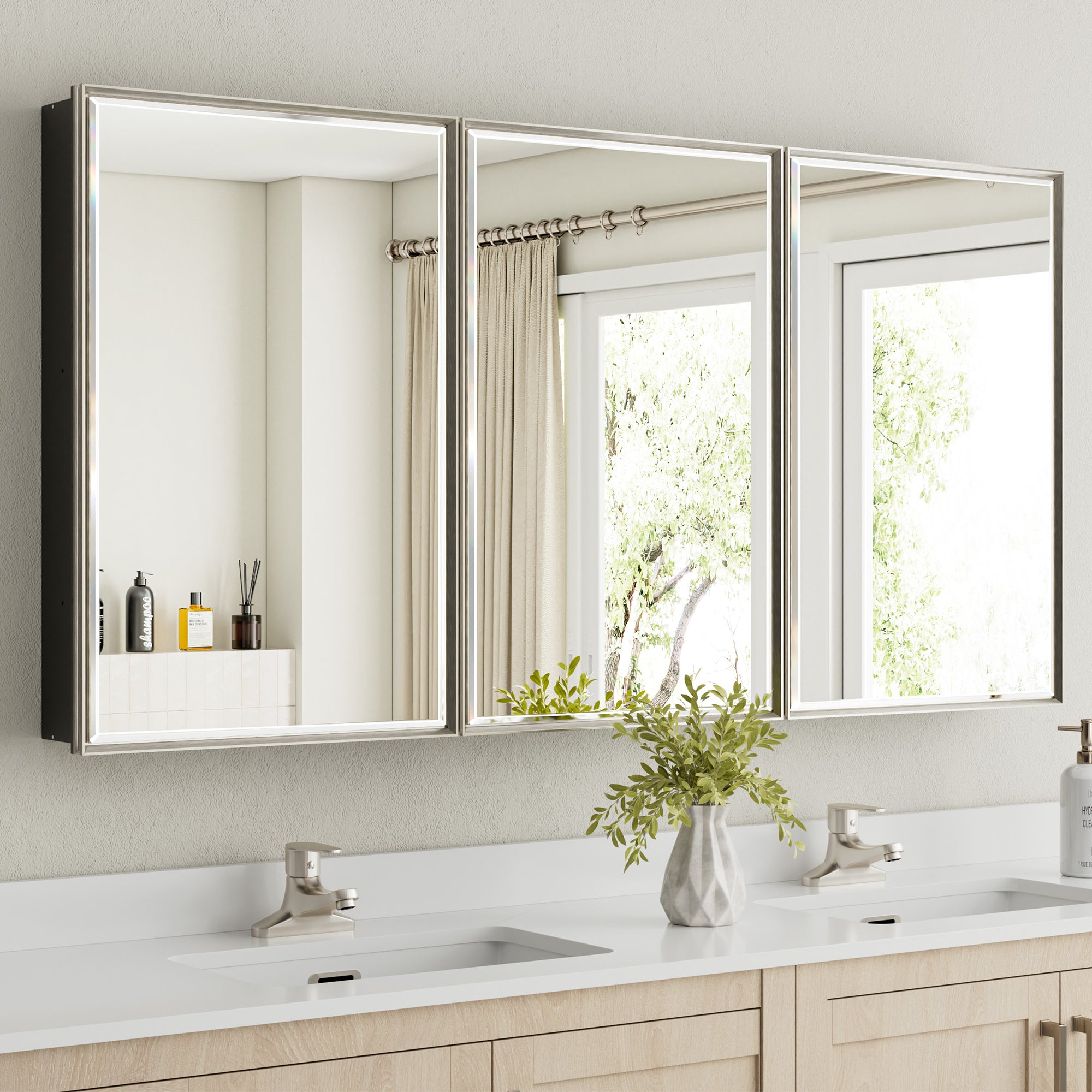 60x30'' Brushed Nickel Framed Beveled Mirror Medicine Cabinet with Adjustable Glass Shelving