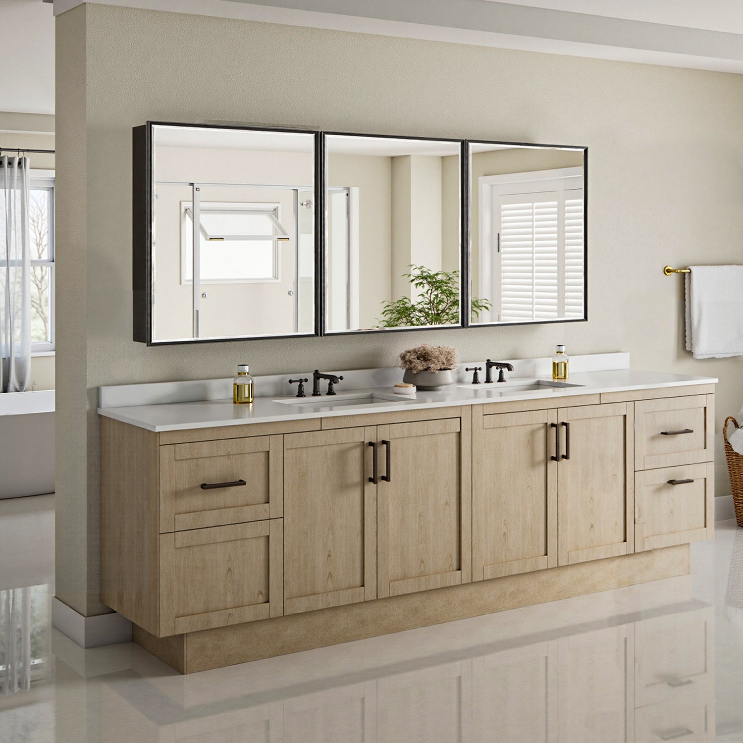 72x30'' Matte Black Framed Beveled Mirror Medicine Cabinet with Adjustable Glass Shelving