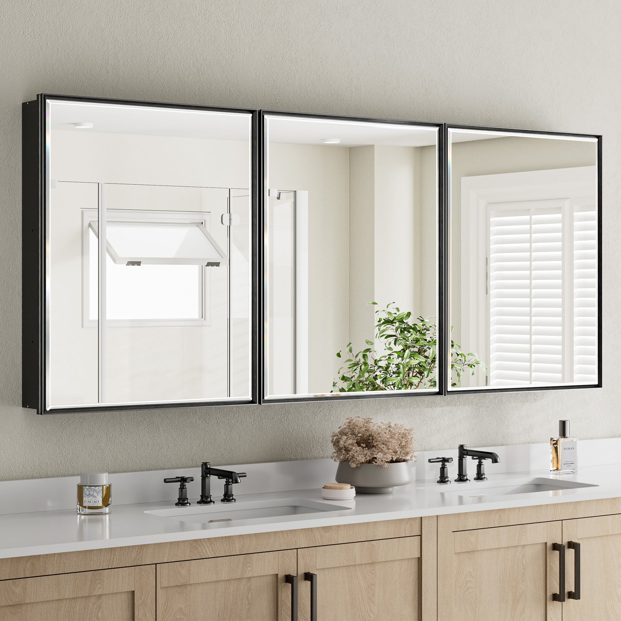 72x30'' Matte Black Framed Beveled Mirror Medicine Cabinet with Adjustable Glass Shelving