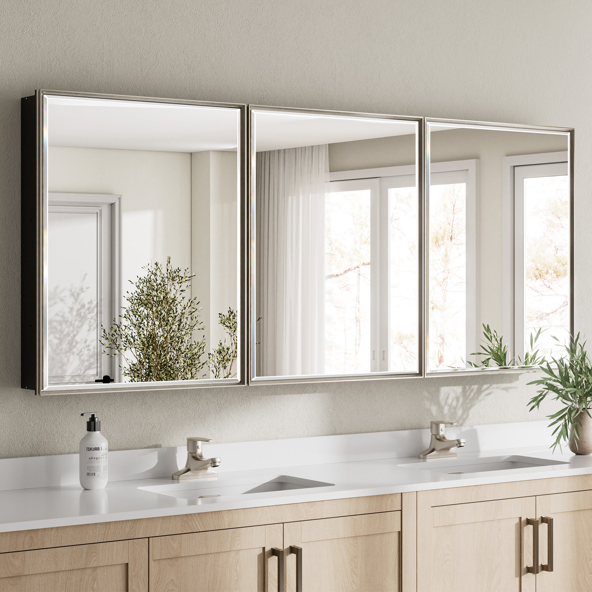 72x30'' Brushed Nickel Framed Beveled Mirror Medicine Cabinet with Adjustable Glass Shelving
