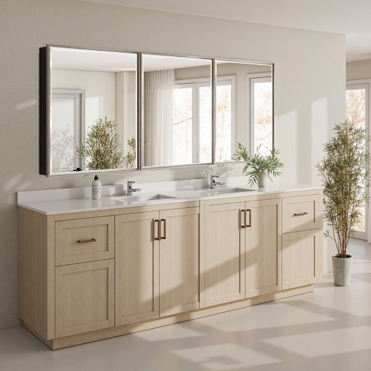 72x30'' Brushed Nickel Framed Beveled Mirror Medicine Cabinet with Adjustable Glass Shelving