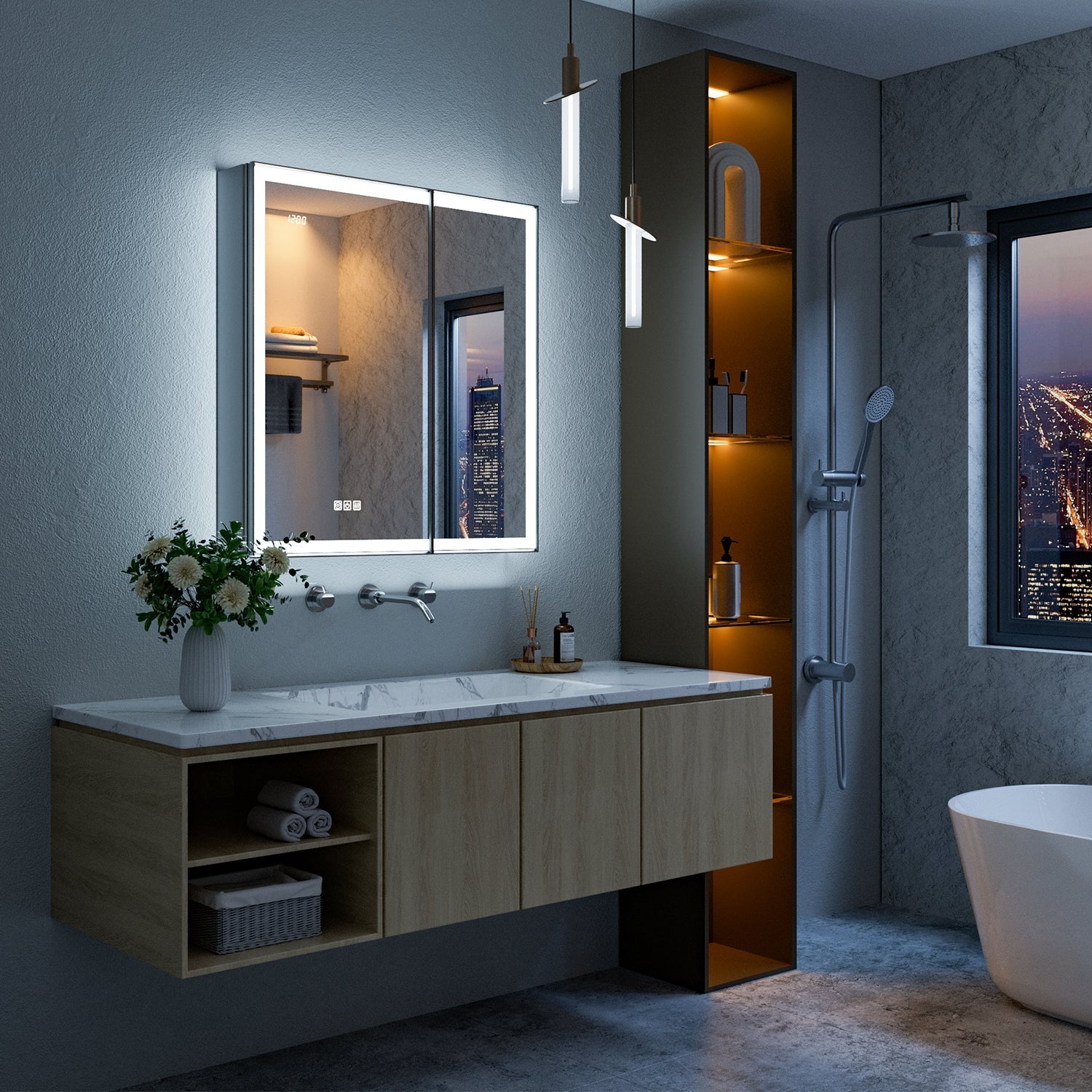 QueenFun Large Multi-Door LED Medicine Cabinet with Brushed Nickel Frame QueenFun