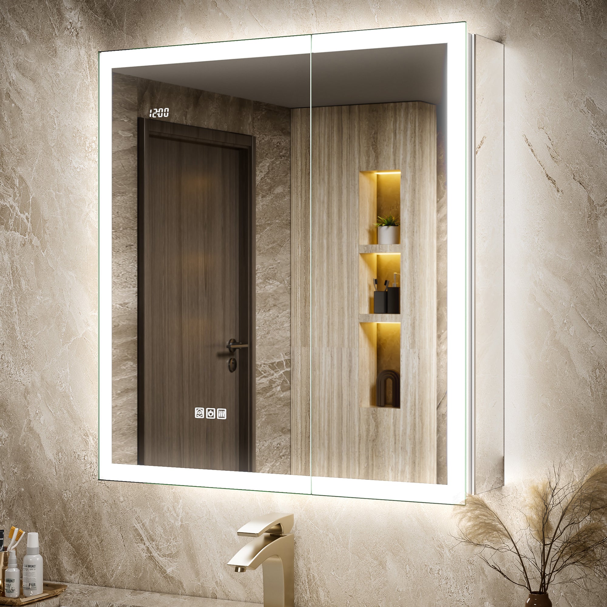 LumiGlow 30x32'' Dual-Sided LED Medicine Cabinet Mirror