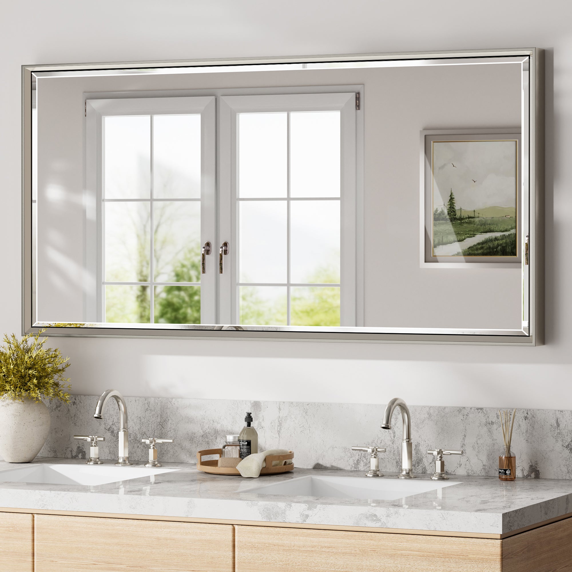 Lusso Beveled Rectangle Bathroom Mirror | 48" x 24" Large Metal Framed Wall Mirror for Double Vanity