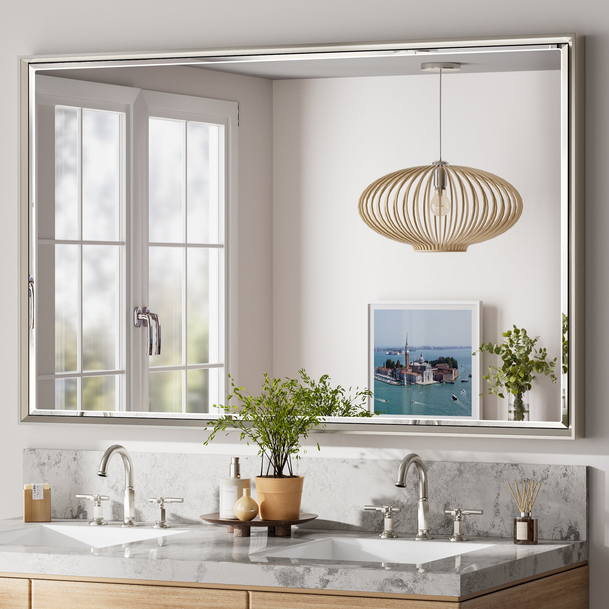 Lusso Beveled Rectangle Bathroom Mirror | 48" x 30" Large Metal Framed Wall Mirror for Double Vanity