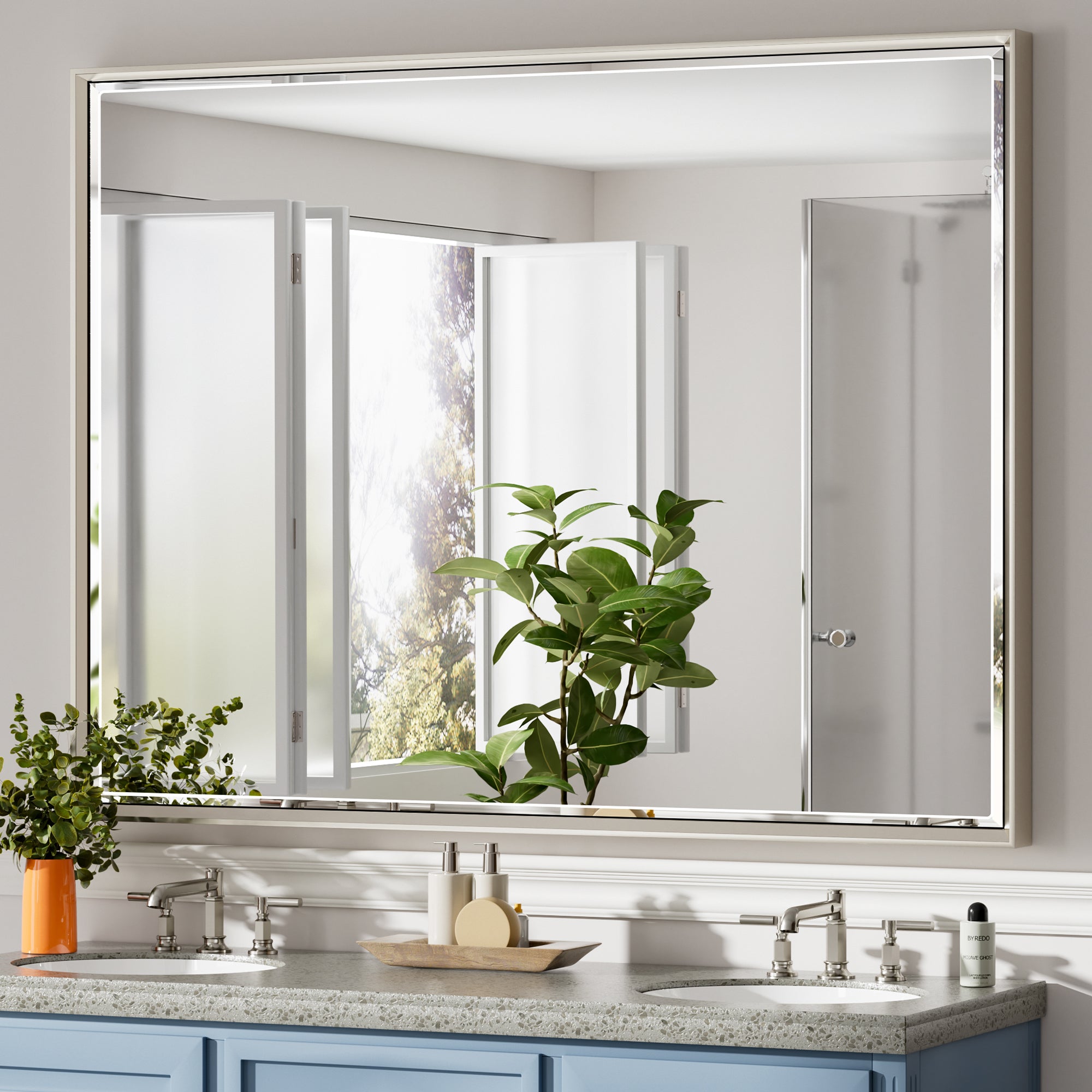 Lusso Beveled Rectangle Bathroom Mirror | 48" x 36" Large Metal Framed Wall Mirror for Double Vanity
