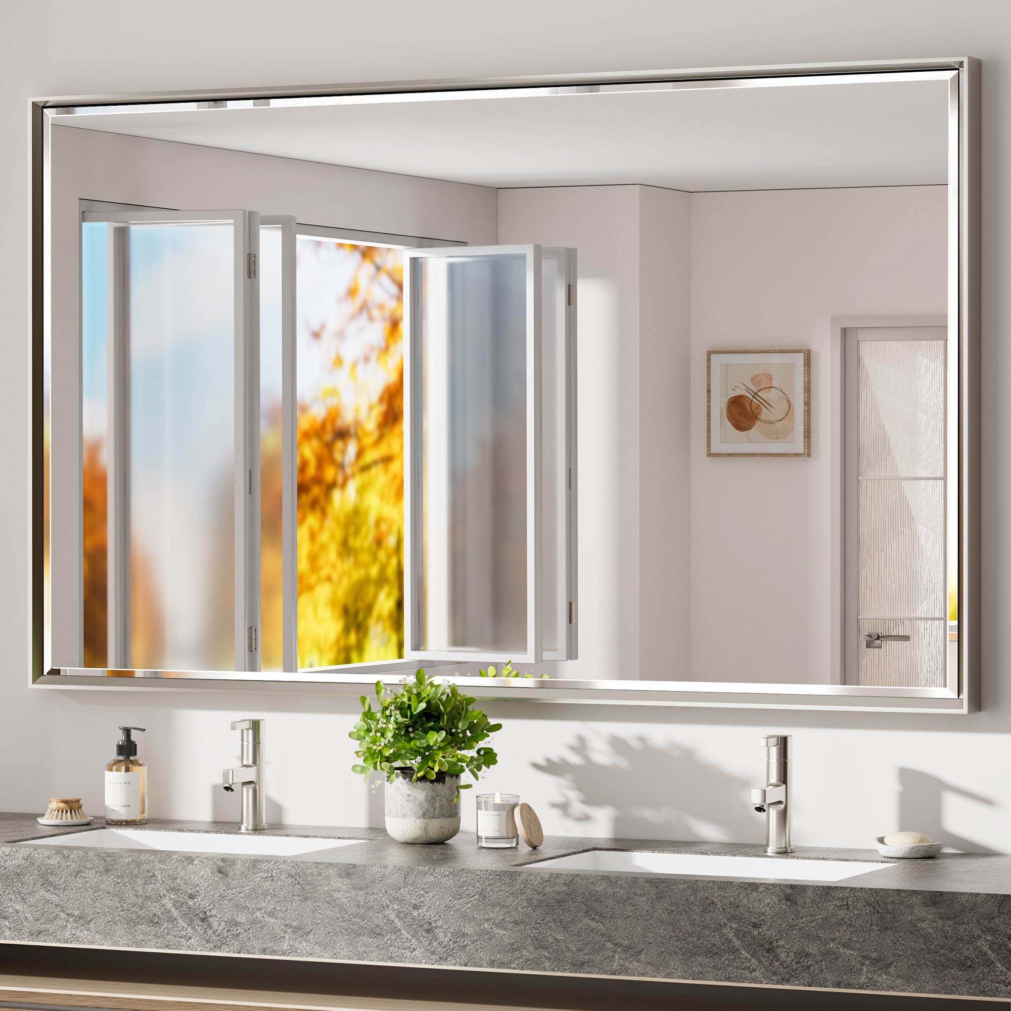 Lusso Beveled Rectangle Bathroom Mirror | 60" x 36" Large Metal Framed Wall Mirror for Double Vanity