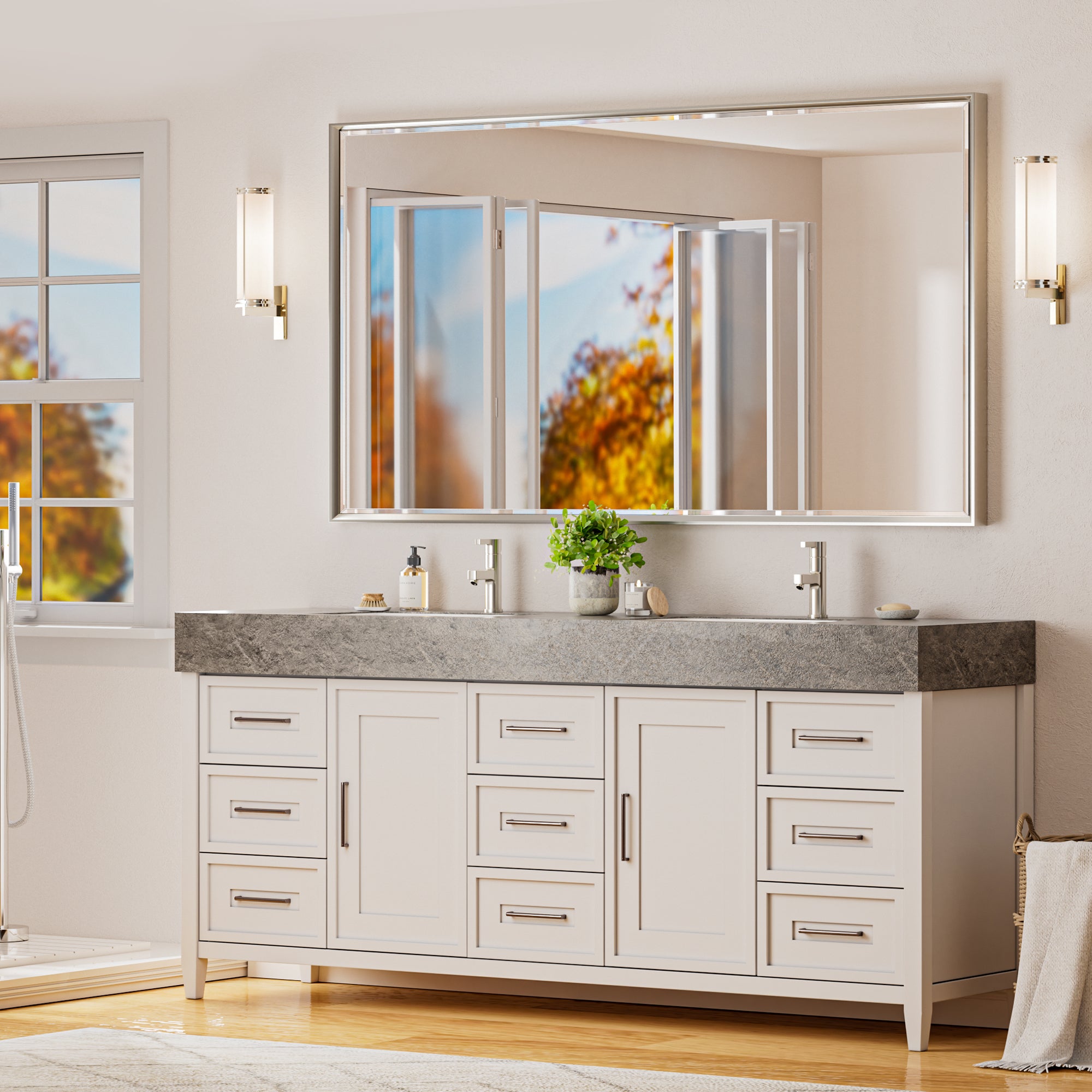 Lusso Beveled Rectangle Bathroom Mirror | 60" x 36" Large Metal Framed Wall Mirror for Double Vanity