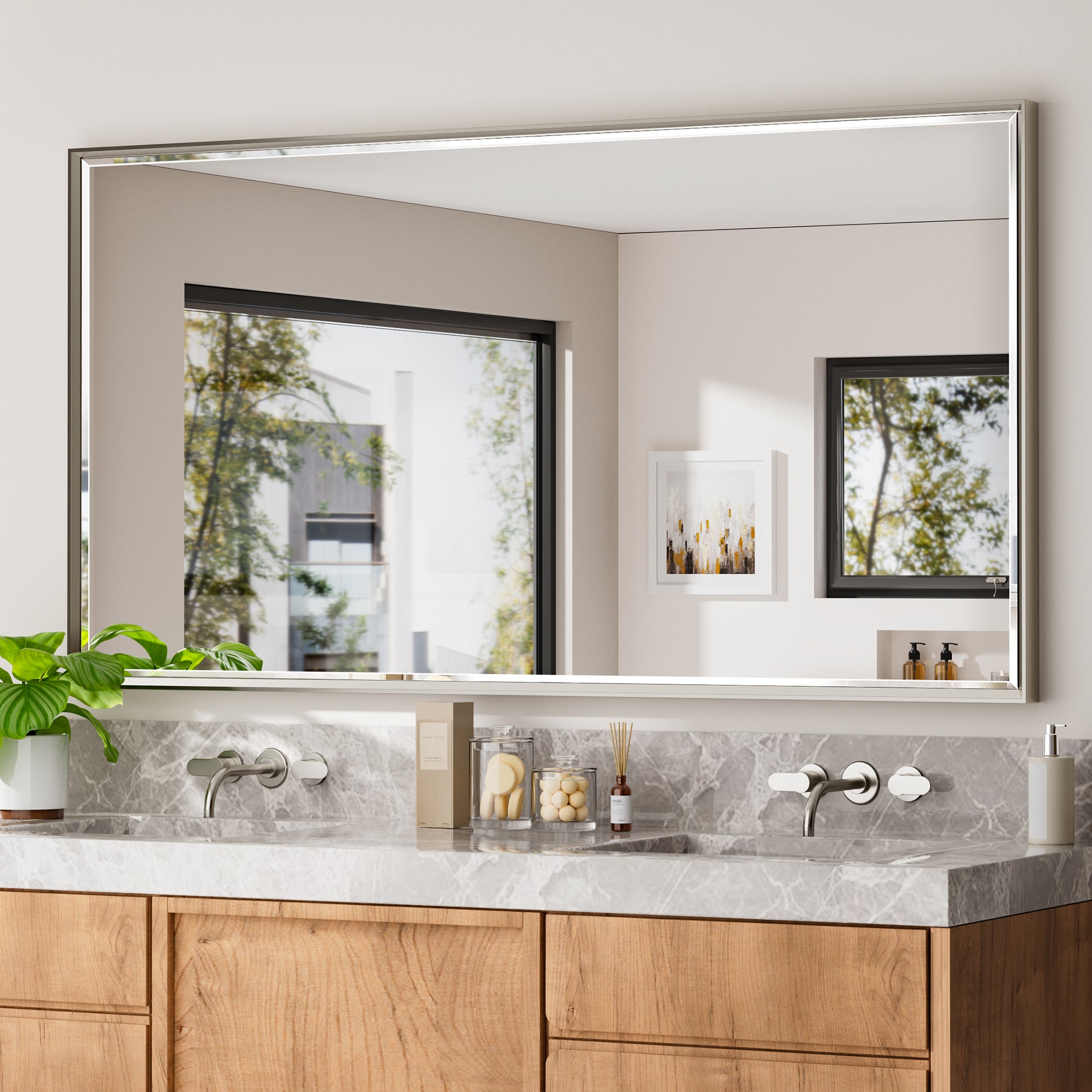 Lusso Beveled Rectangle Bathroom Mirror | 72" x 36" Large Metal Framed Wall Mirror for Double Vanity