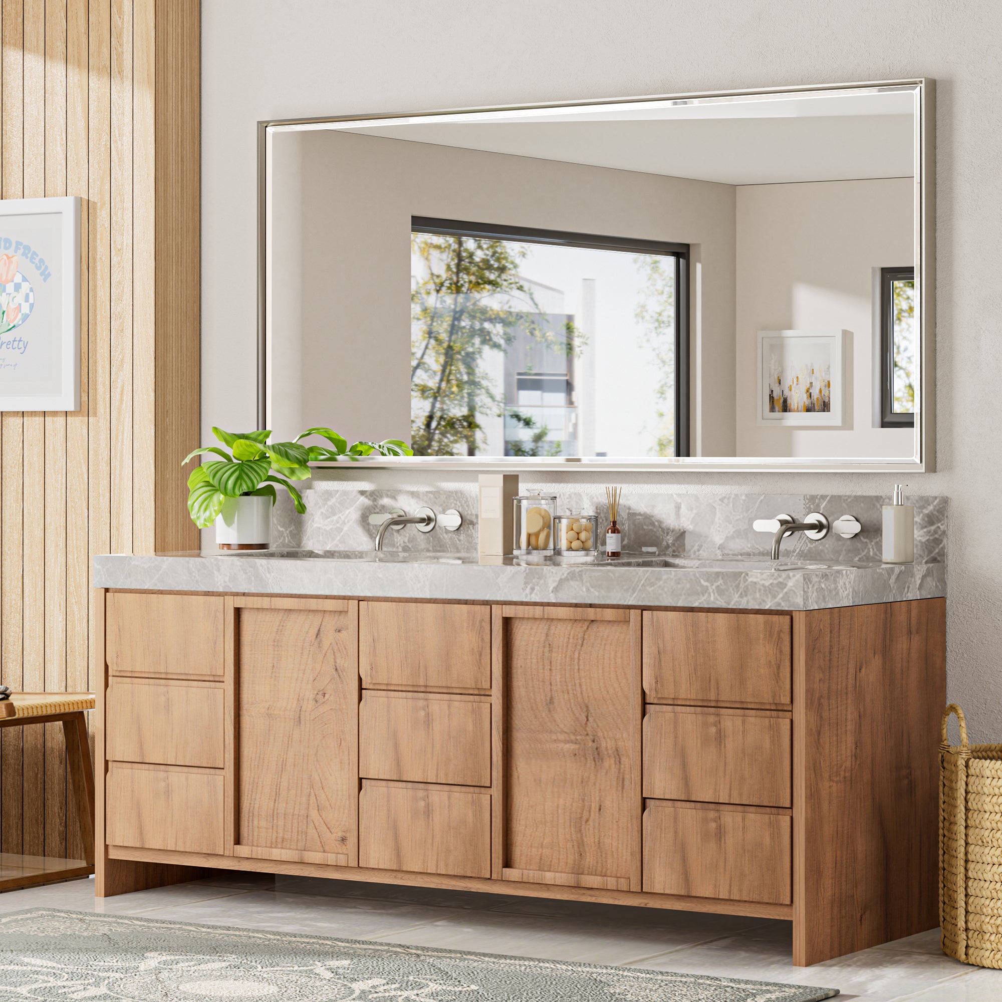Lusso Beveled Rectangle Bathroom Mirror | 72" x 36" Large Metal Framed Wall Mirror for Double Vanity